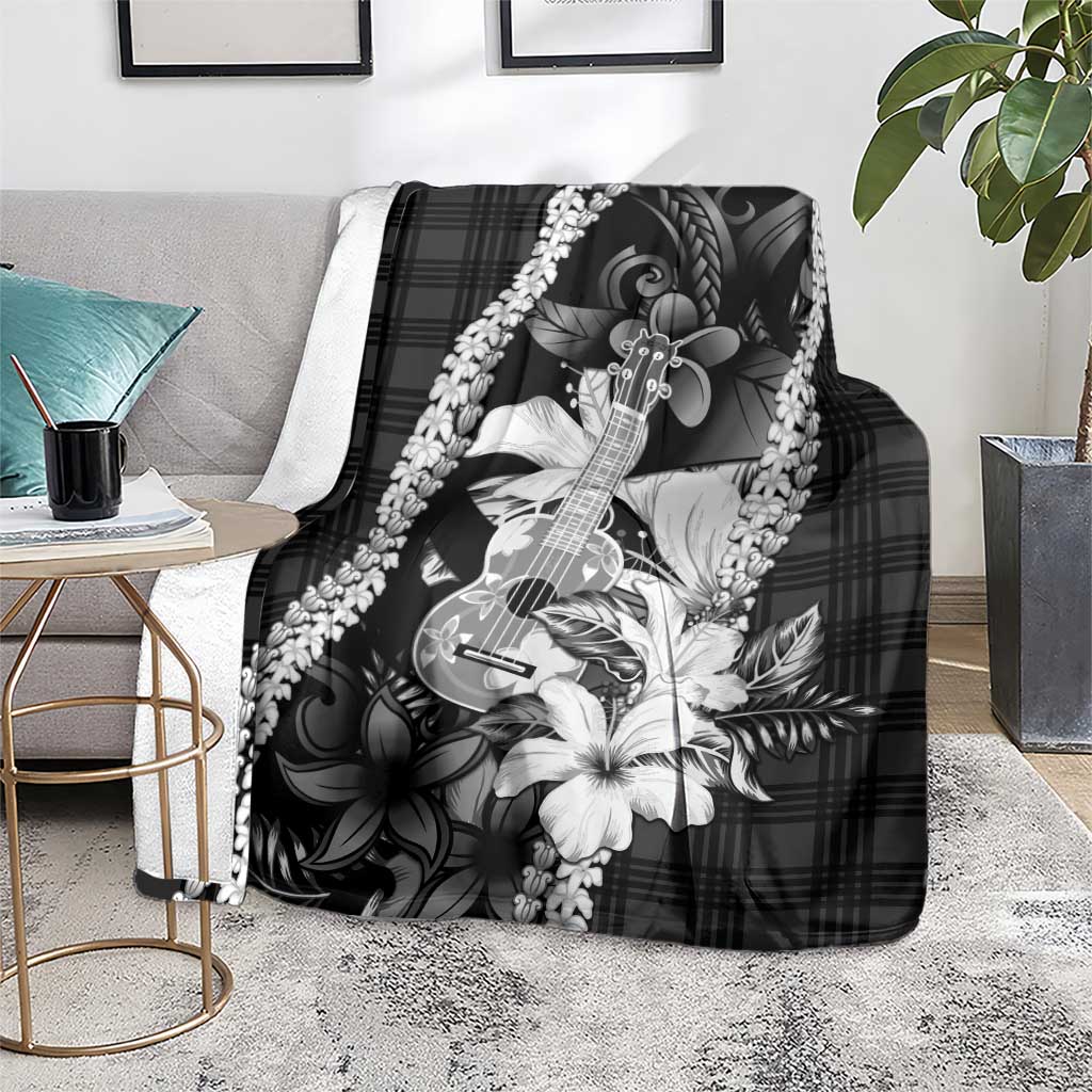 Hawaii Ukulele Blanket Tropical Flowers With Palaka Effect Black Version LT05 - Polynesian Pride