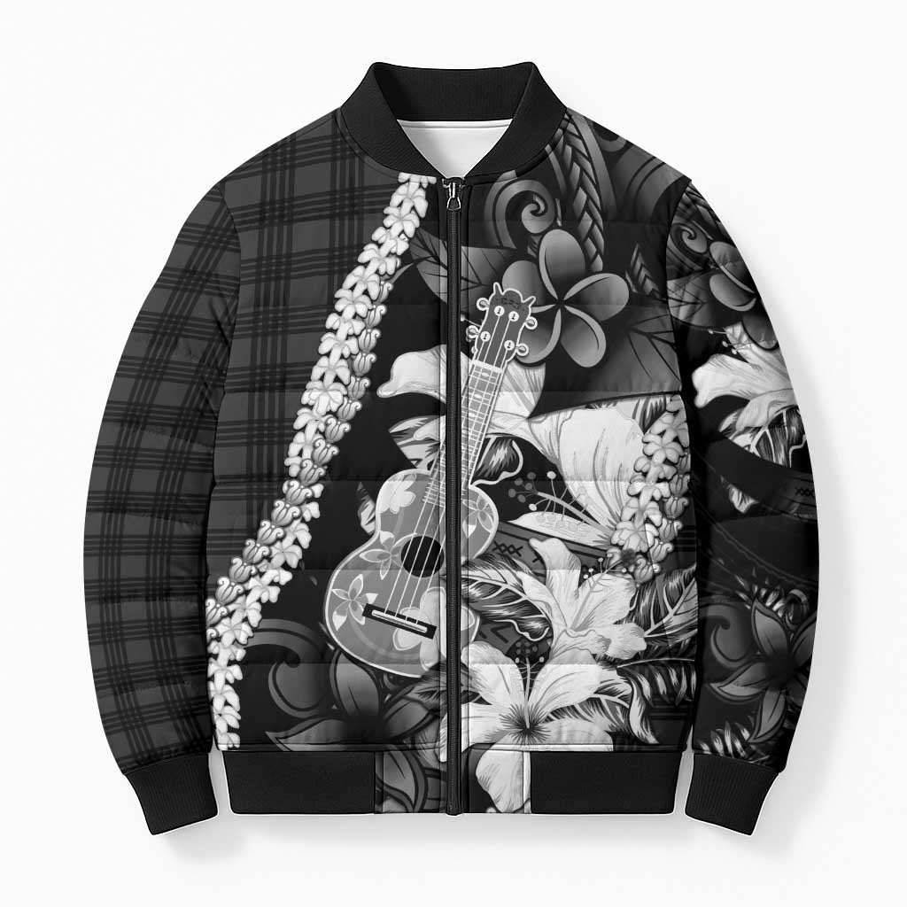 Hawaii Ukulele Bomber Puffer Jacket Tropical Flowers With Palaka Effect Black Version LT05 Unisex Black - Polynesian Pride