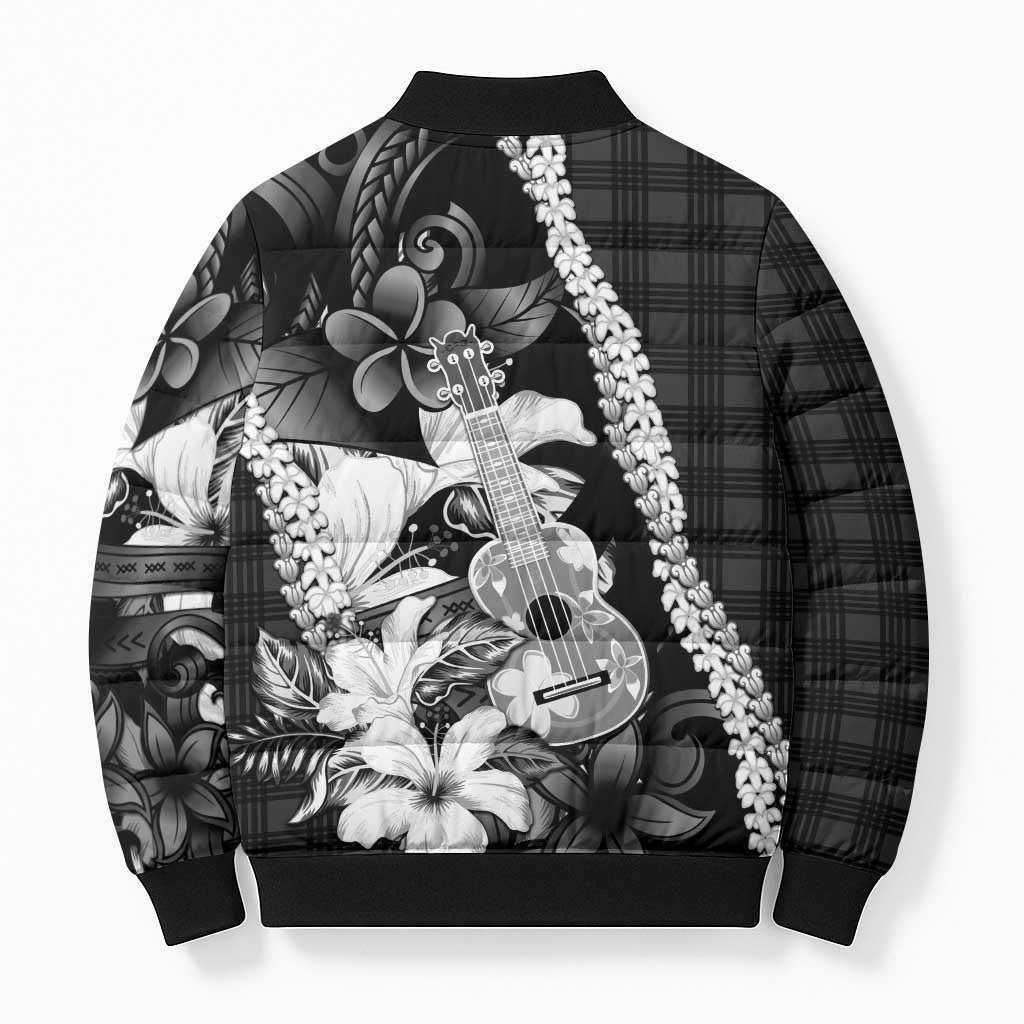 Hawaii Ukulele Bomber Puffer Jacket Tropical Flowers With Palaka Effect Black Version LT05 - Polynesian Pride