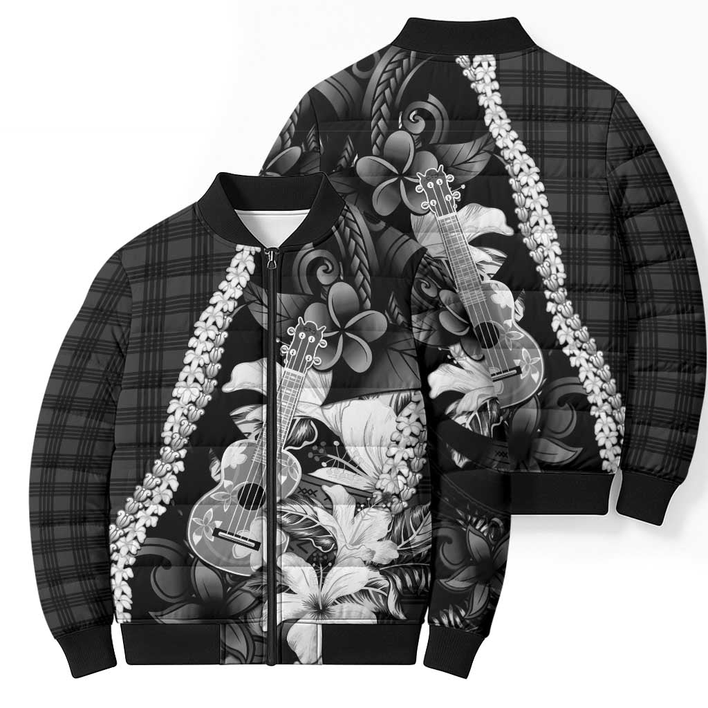 Hawaii Ukulele Bomber Puffer Jacket Tropical Flowers With Palaka Effect Black Version LT05 - Polynesian Pride