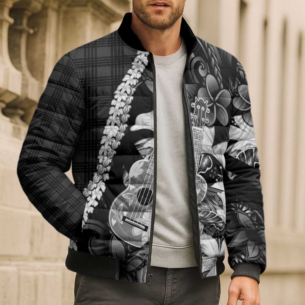 Hawaii Ukulele Bomber Puffer Jacket Tropical Flowers With Palaka Effect Black Version LT05 - Polynesian Pride