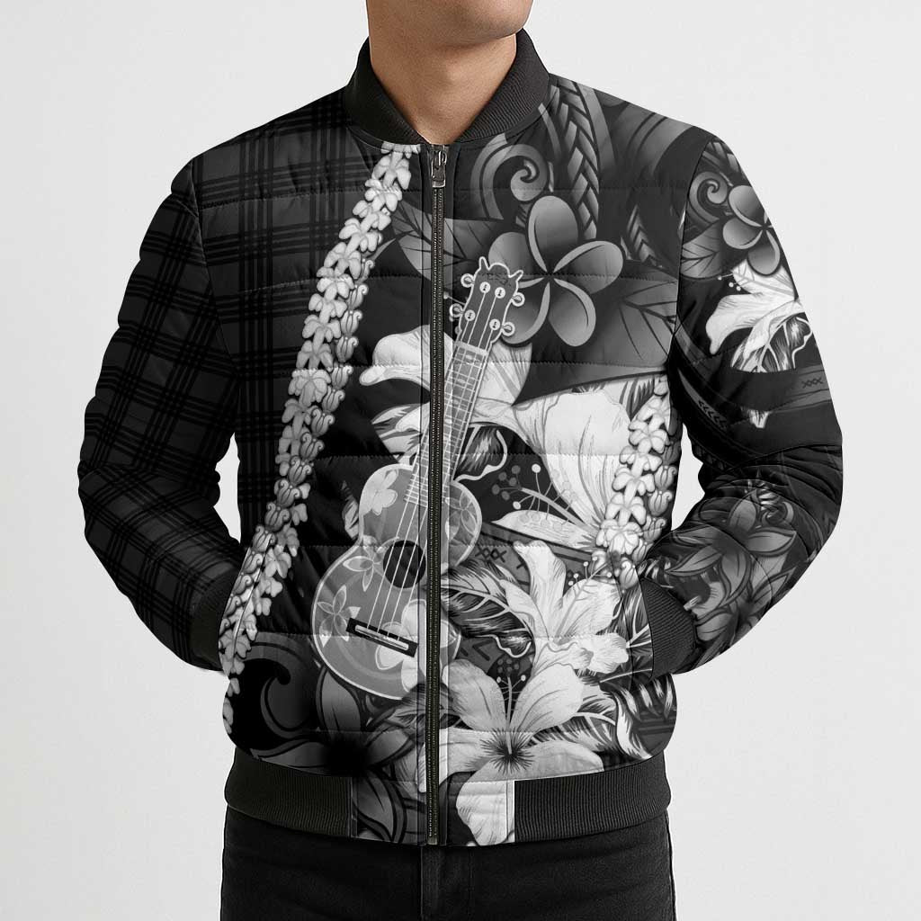 Hawaii Ukulele Bomber Puffer Jacket Tropical Flowers With Palaka Effect Black Version LT05 - Polynesian Pride