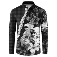 Hawaii Ukulele Button Sweatshirt Tropical Flowers With Palaka Effect Black Version LT05 Black - Polynesian Pride