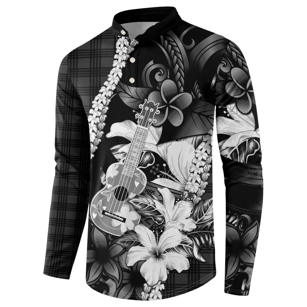 Hawaii Ukulele Button Sweatshirt Tropical Flowers With Palaka Effect Black Version LT05 - Polynesian Pride