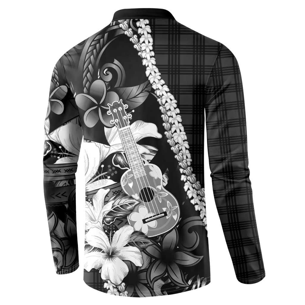Hawaii Ukulele Button Sweatshirt Tropical Flowers With Palaka Effect Black Version LT05 - Polynesian Pride