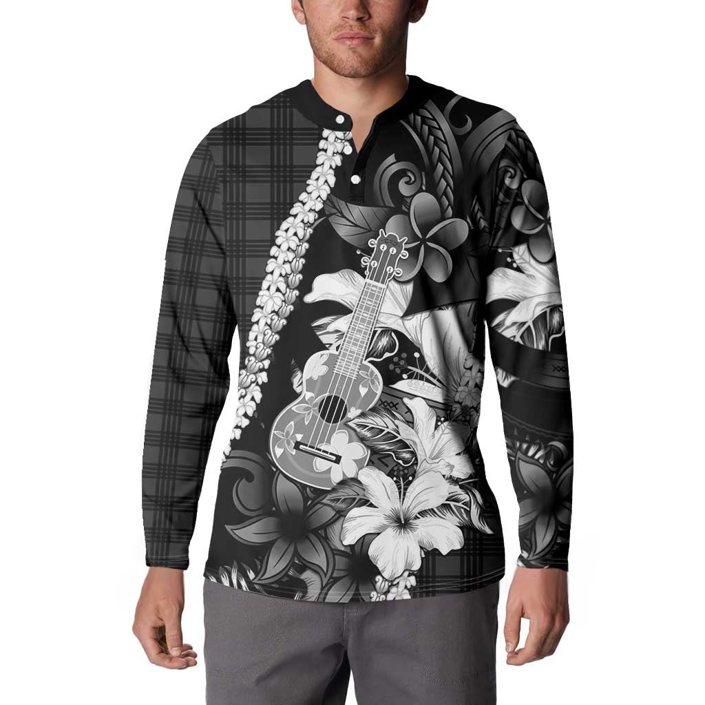 Hawaii Ukulele Button Sweatshirt Tropical Flowers With Palaka Effect Black Version LT05 - Polynesian Pride