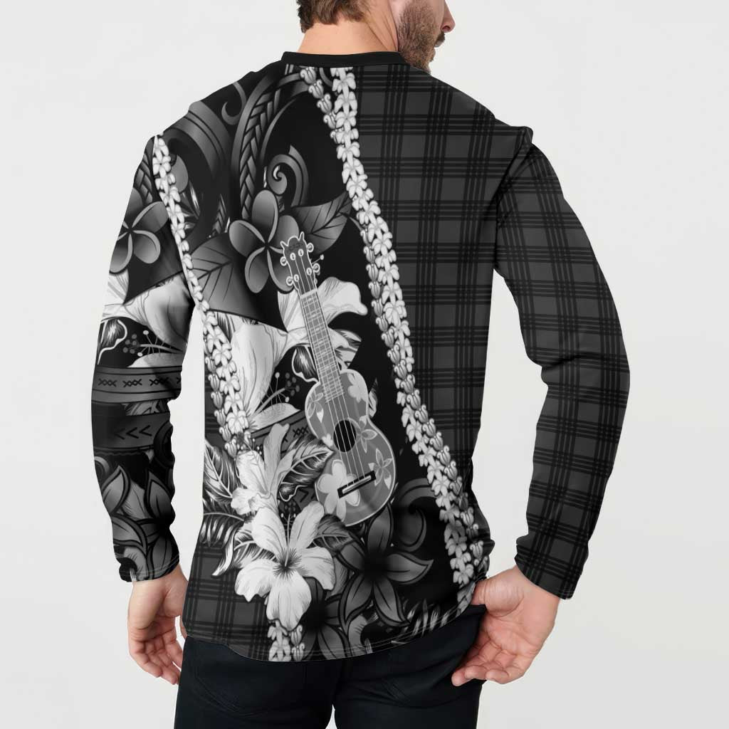 Hawaii Ukulele Button Sweatshirt Tropical Flowers With Palaka Effect Black Version LT05 - Polynesian Pride