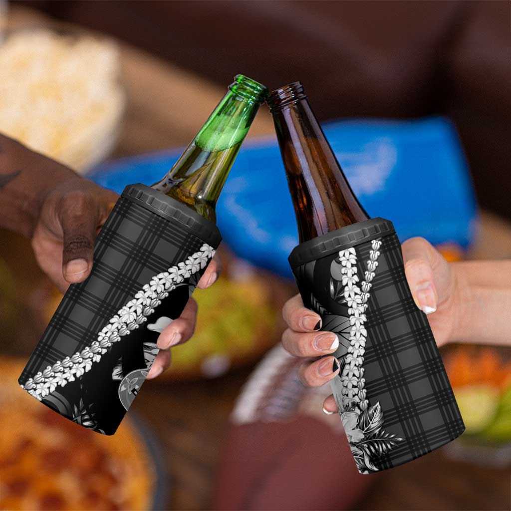 Hawaii Ukulele 4 in 1 Can Cooler Tumbler Tropical Flowers With Palaka Effect Black Version LT05 - Polynesian Pride