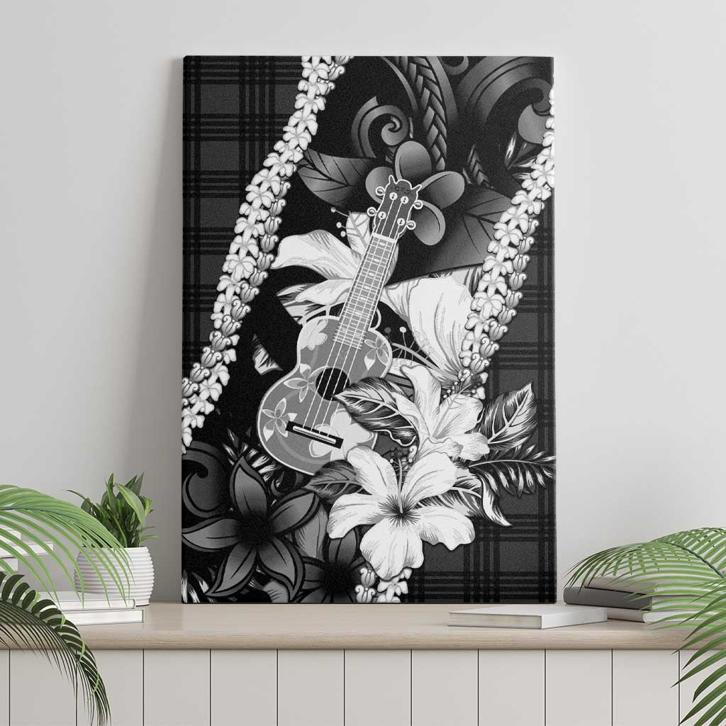 Hawaii Ukulele Canvas Wall Art Tropical Flowers With Palaka Effect Black Version LT05 - Polynesian Pride
