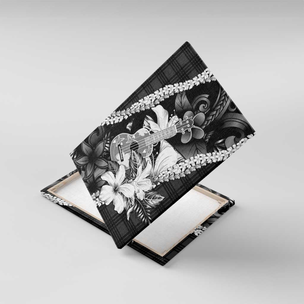 Hawaii Ukulele Canvas Wall Art Tropical Flowers With Palaka Effect Black Version LT05 With Frame Black - Polynesian Pride