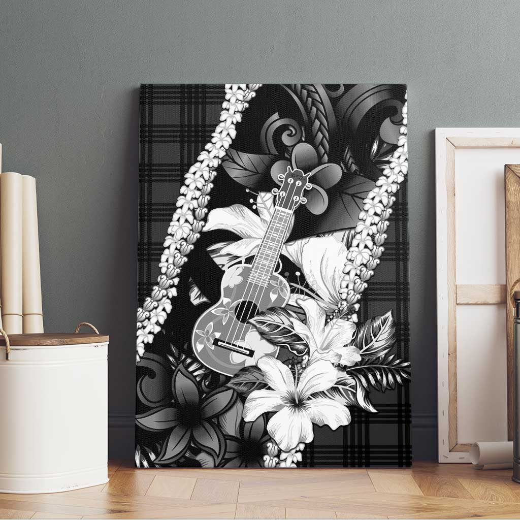 Hawaii Ukulele Canvas Wall Art Tropical Flowers With Palaka Effect Black Version LT05 - Polynesian Pride