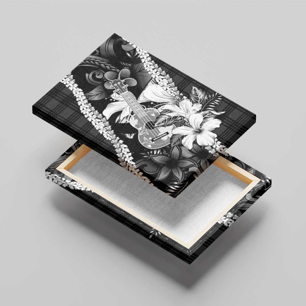 Hawaii Ukulele Canvas Wall Art Tropical Flowers With Palaka Effect Black Version LT05 - Polynesian Pride