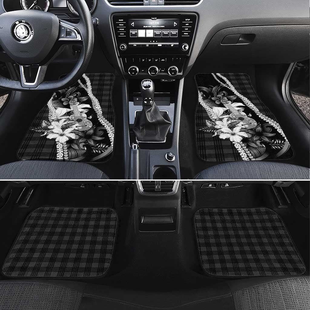 Hawaii Ukulele Car Mats Tropical Flowers With Palaka Effect Black Version LT05 Set 4pcs Black - Polynesian Pride