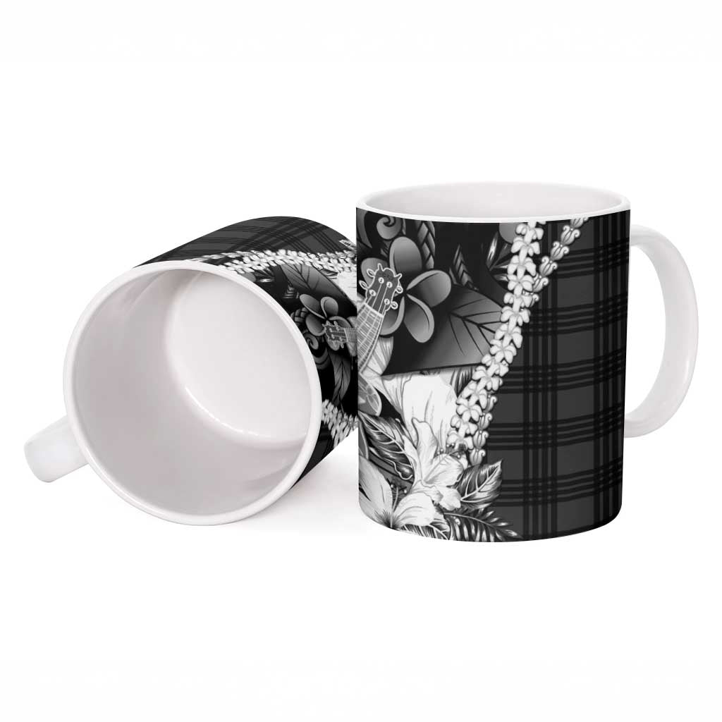 Hawaii Ukulele Ceramic Mug Tropical Flowers With Palaka Effect Black Version LT05 - Polynesian Pride