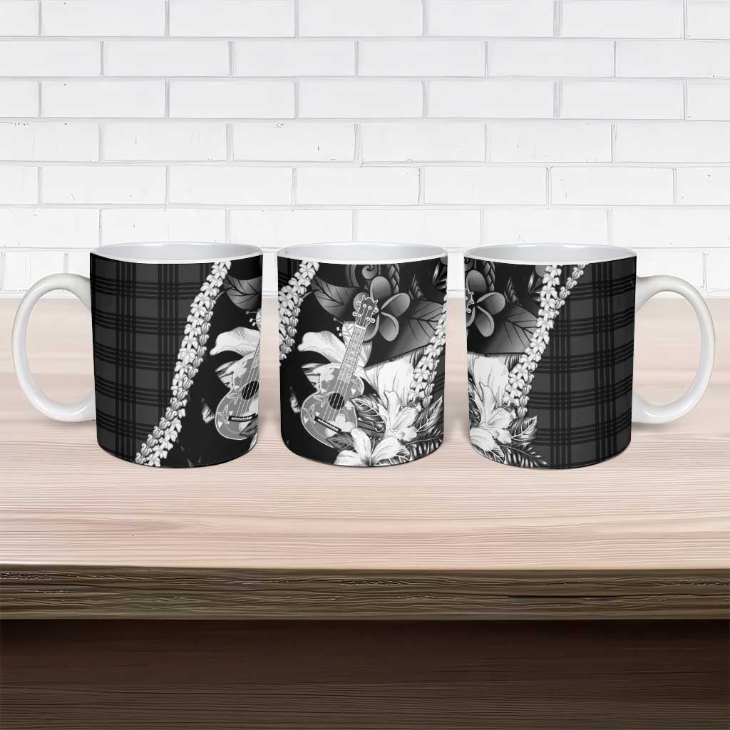 Hawaii Ukulele Ceramic Mug Tropical Flowers With Palaka Effect Black Version LT05 - Polynesian Pride