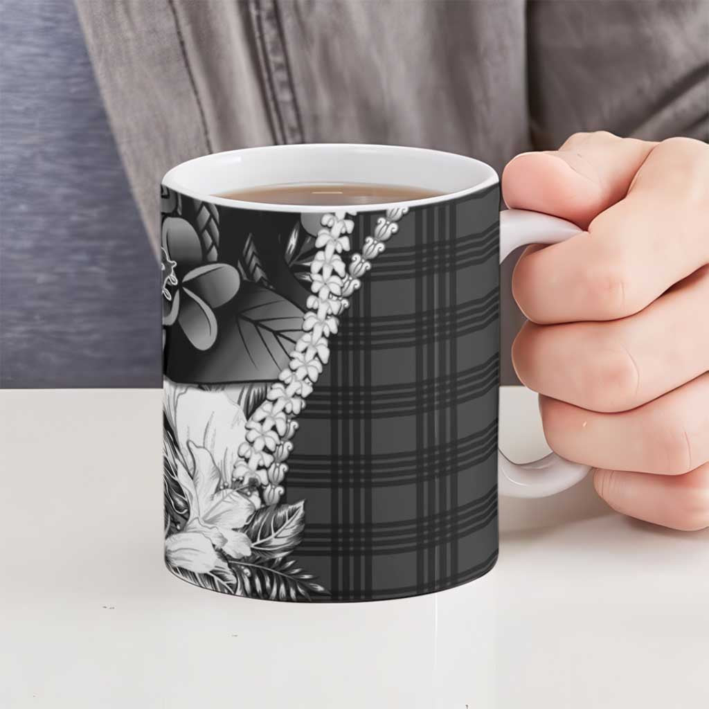 Hawaii Ukulele Ceramic Mug Tropical Flowers With Palaka Effect Black Version LT05 - Polynesian Pride