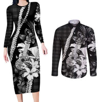 Hawaii Ukulele Couples Matching Long Sleeve Bodycon Dress and Long Sleeve Button Shirt Tropical Flowers With Palaka Effect Black Version - Polynesian Pride