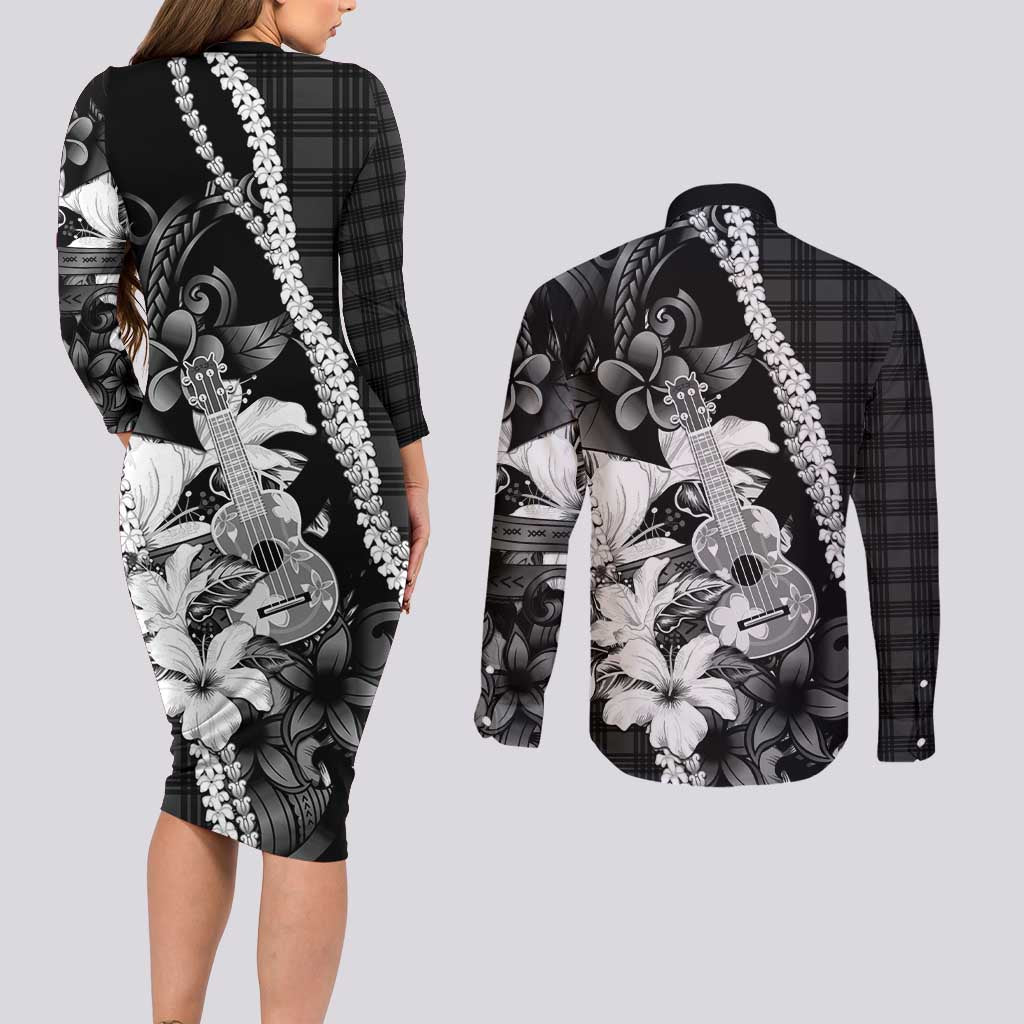 Hawaii Ukulele Couples Matching Long Sleeve Bodycon Dress and Long Sleeve Button Shirt Tropical Flowers With Palaka Effect Black Version - Polynesian Pride