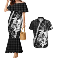 Hawaii Ukulele Couples Matching Mermaid Dress and Hawaiian Shirt Tropical Flowers With Palaka Effect Black Version - Polynesian Pride
