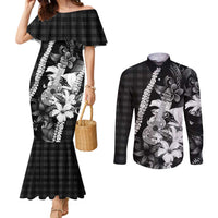 Hawaii Ukulele Couples Matching Mermaid Dress and Long Sleeve Button Shirt Tropical Flowers With Palaka Effect Black Version LT05 Black - Polynesian Pride
