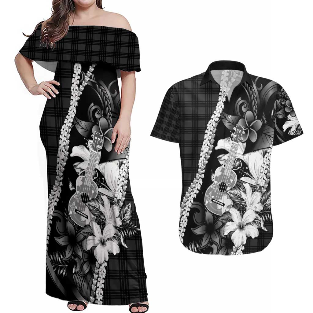 Hawaii Ukulele Couples Matching Off Shoulder Maxi Dress and Hawaiian Shirt Tropical Flowers With Palaka Effect Black Version - Polynesian Pride