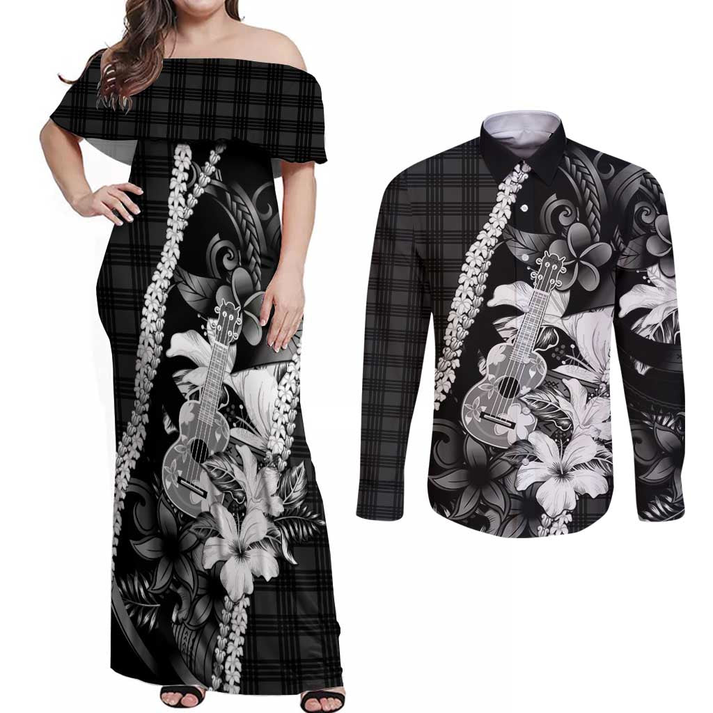 Hawaii Ukulele Couples Matching Off Shoulder Maxi Dress and Long Sleeve Button Shirt Tropical Flowers With Palaka Effect Black Version - Polynesian Pride