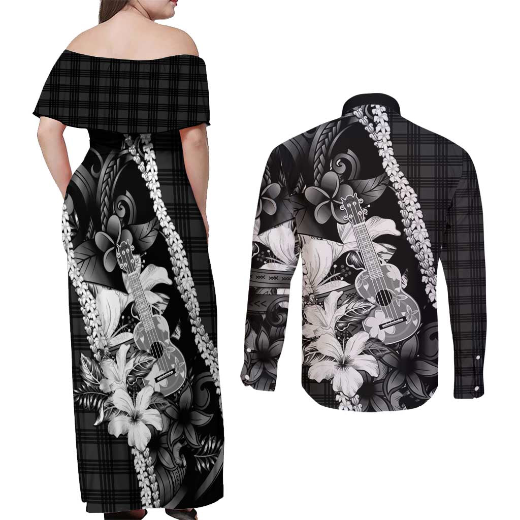 Hawaii Ukulele Couples Matching Off Shoulder Maxi Dress and Long Sleeve Button Shirt Tropical Flowers With Palaka Effect Black Version LT05 - Polynesian Pride