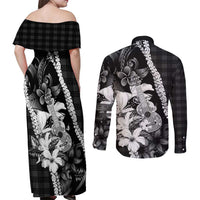 Hawaii Ukulele Couples Matching Off Shoulder Maxi Dress and Long Sleeve Button Shirt Tropical Flowers With Palaka Effect Black Version LT05 - Polynesian Pride