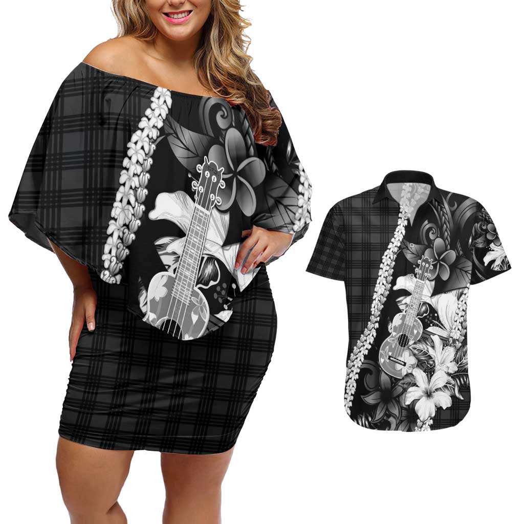 Hawaii Ukulele Couples Matching Off Shoulder Short Dress and Hawaiian Shirt Tropical Flowers With Palaka Effect Black Version - Polynesian Pride