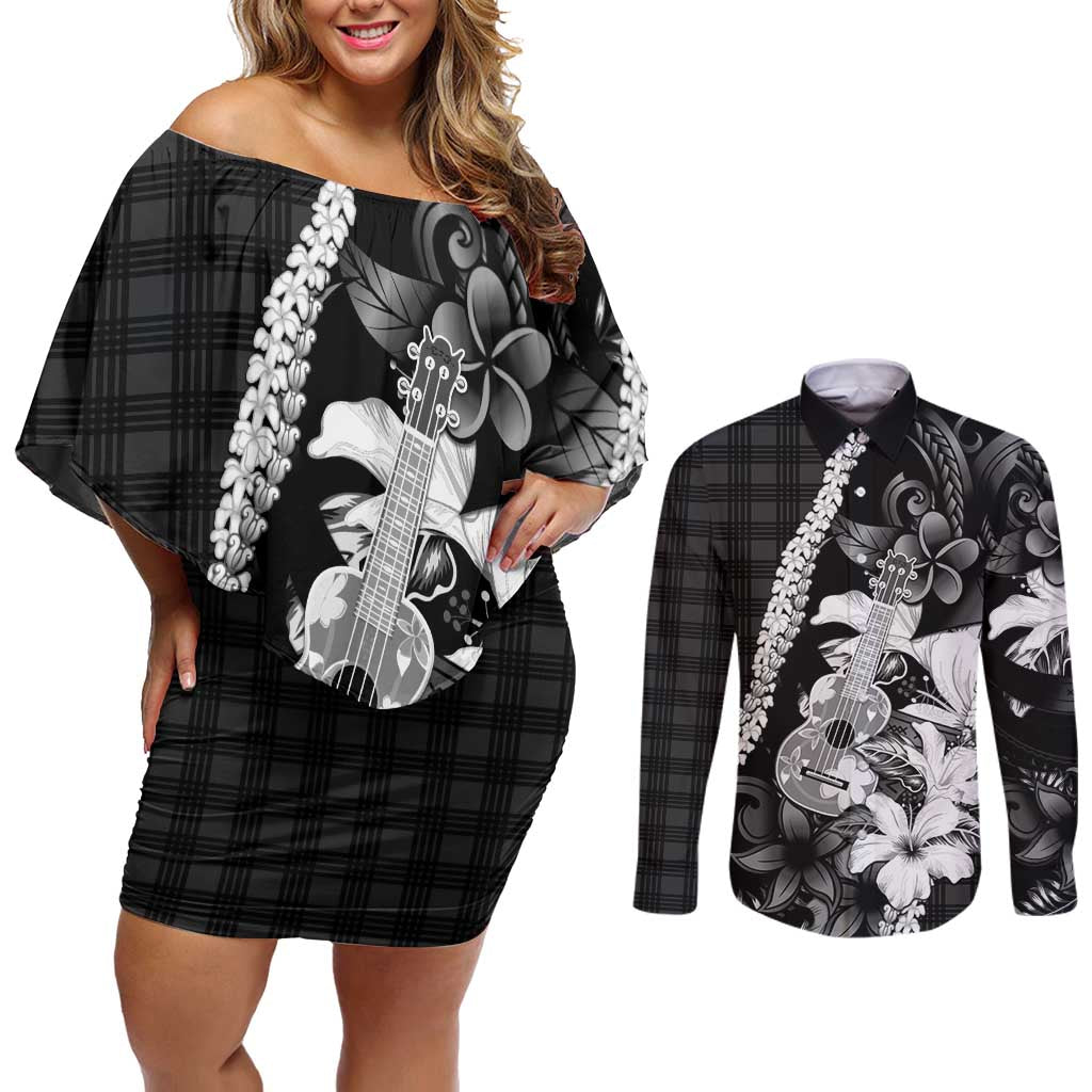 Hawaii Ukulele Couples Matching Off Shoulder Short Dress and Long Sleeve Button Shirt Tropical Flowers With Palaka Effect Black Version LT05 Black - Polynesian Pride
