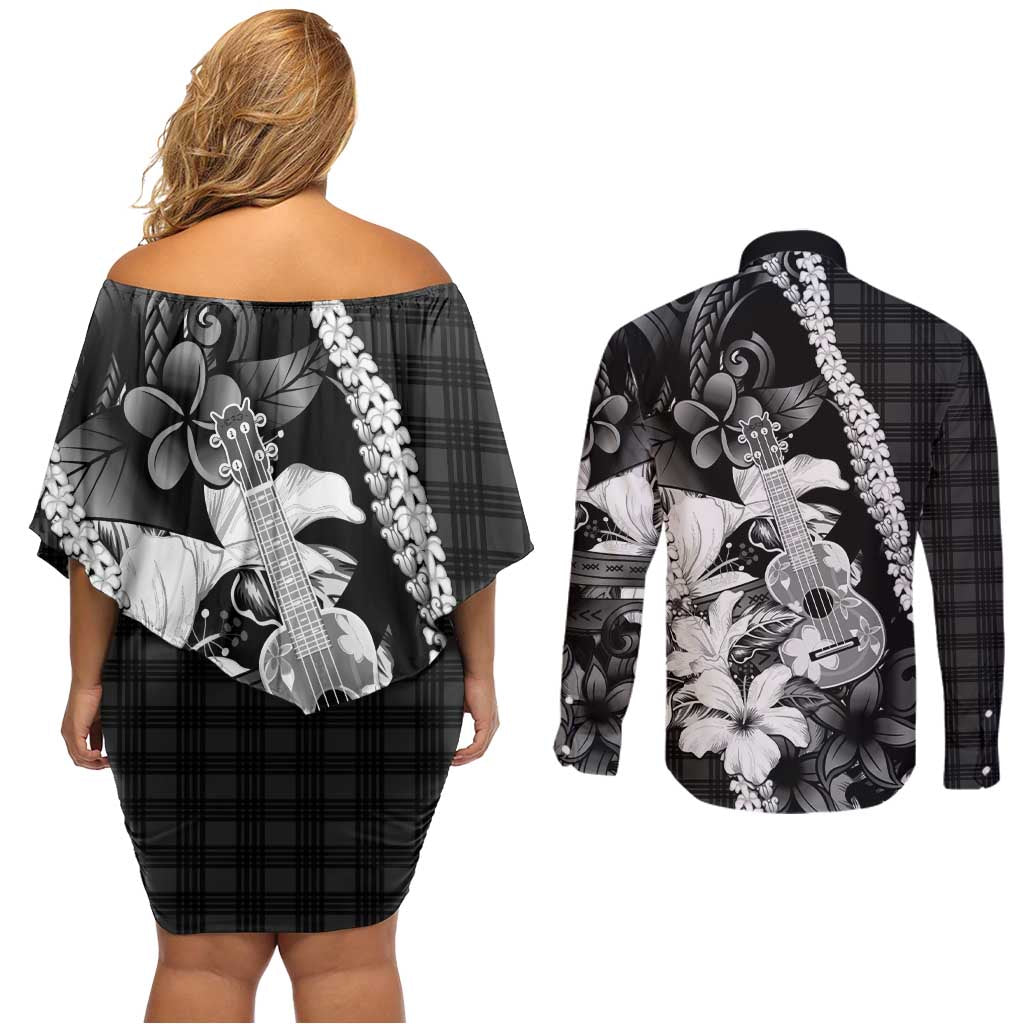 Hawaii Ukulele Couples Matching Off Shoulder Short Dress and Long Sleeve Button Shirt Tropical Flowers With Palaka Effect Black Version LT05 - Polynesian Pride
