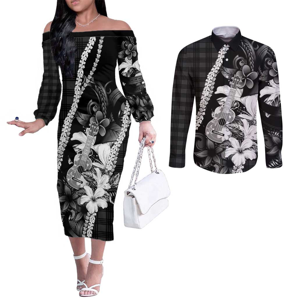 Hawaii Ukulele Couples Matching Off The Shoulder Long Sleeve Dress and Long Sleeve Button Shirt Tropical Flowers With Palaka Effect Black Version - Polynesian Pride