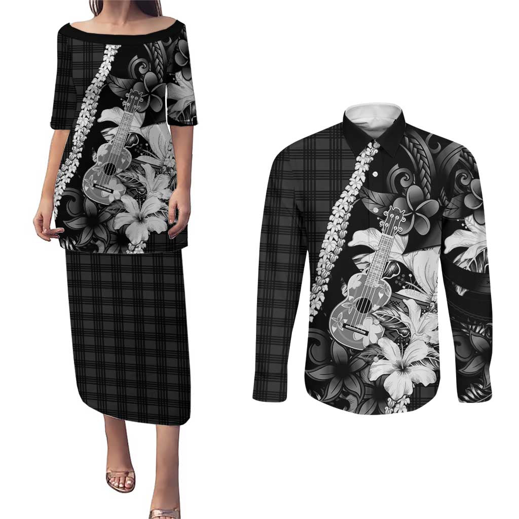 Hawaii Ukulele Couples Matching Puletasi and Long Sleeve Button Shirt Tropical Flowers With Palaka Effect Black Version LT05 Black - Polynesian Pride