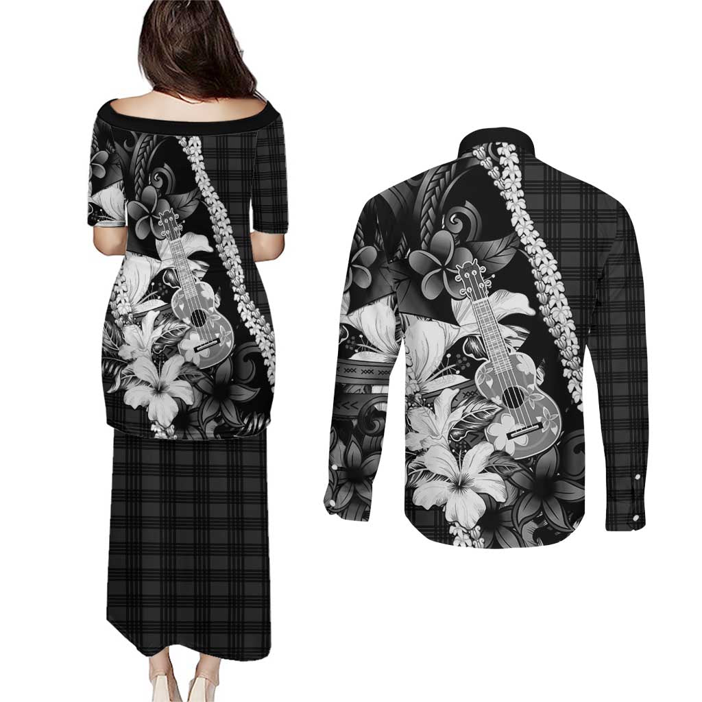 Hawaii Ukulele Couples Matching Puletasi and Long Sleeve Button Shirt Tropical Flowers With Palaka Effect Black Version LT05 - Polynesian Pride