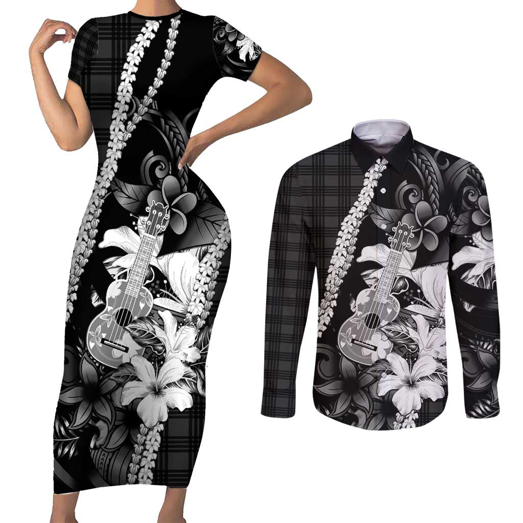 Hawaii Ukulele Couples Matching Short Sleeve Bodycon Dress and Long Sleeve Button Shirt Tropical Flowers With Palaka Effect Black Version - Polynesian Pride