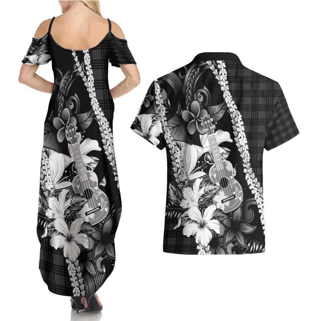 Hawaii Ukulele Couples Matching Summer Maxi Dress and Hawaiian Shirt Tropical Flowers With Palaka Effect Black Version - Polynesian Pride