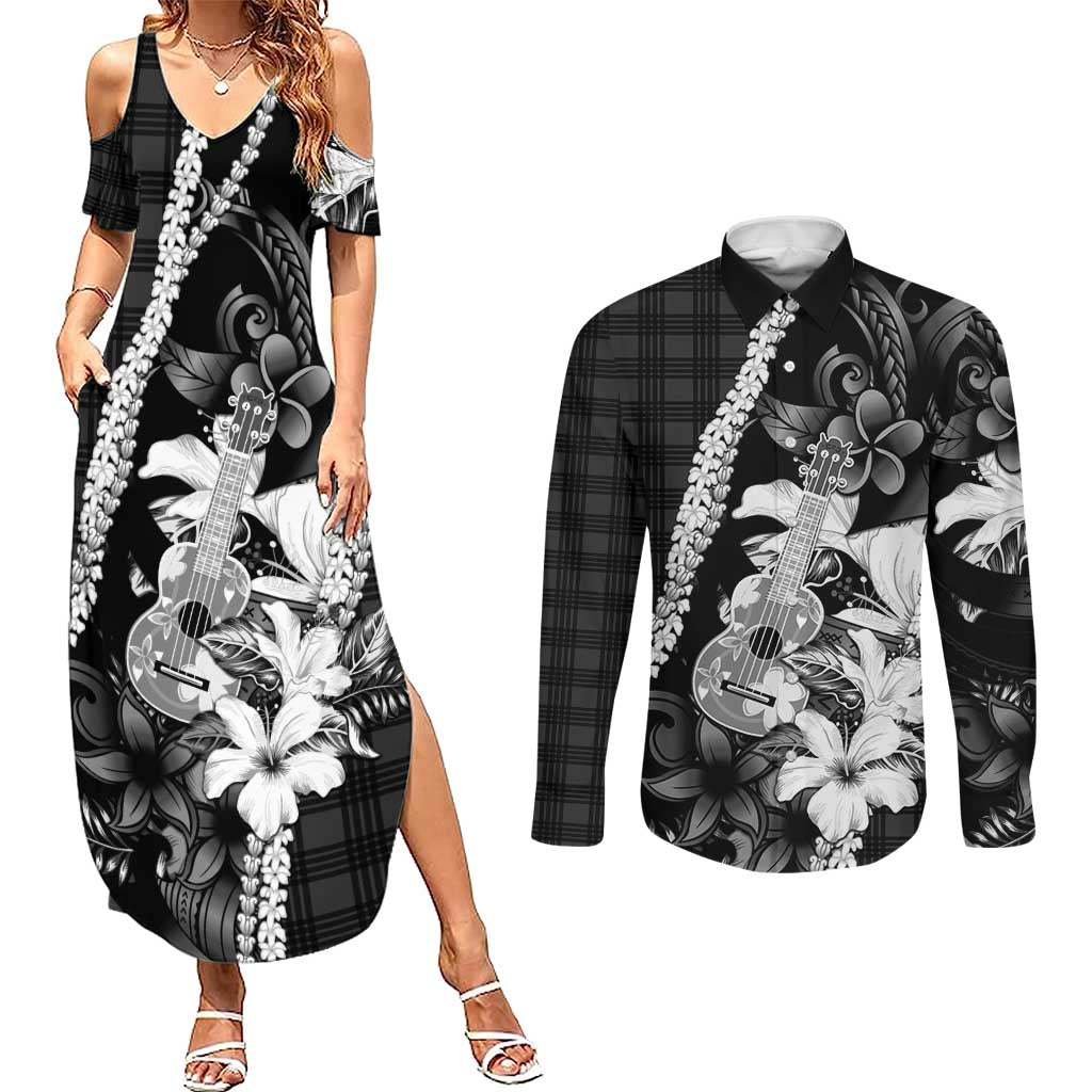 Hawaii Ukulele Couples Matching Summer Maxi Dress and Long Sleeve Button Shirt Tropical Flowers With Palaka Effect Black Version LT05 Black - Polynesian Pride