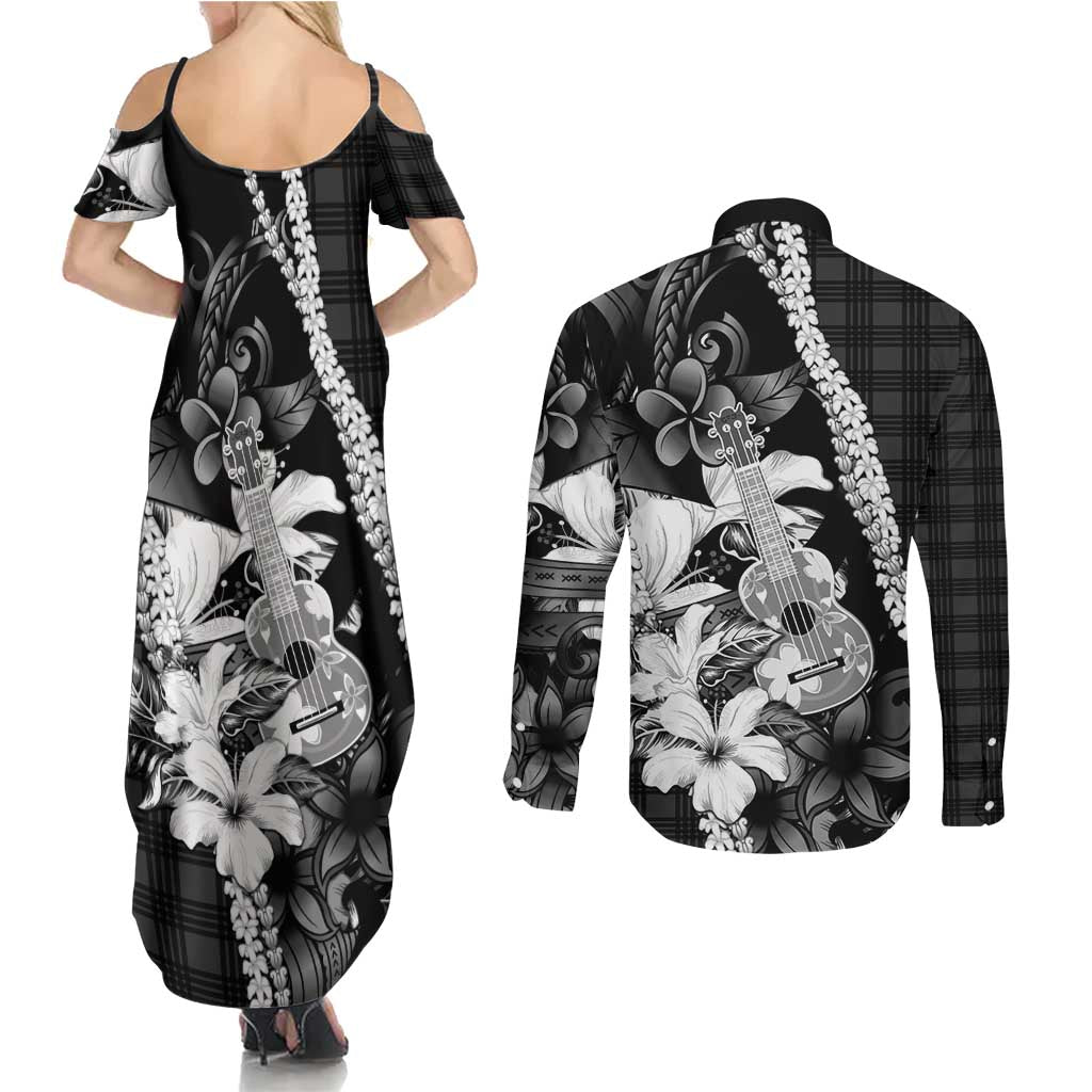 Hawaii Ukulele Couples Matching Summer Maxi Dress and Long Sleeve Button Shirt Tropical Flowers With Palaka Effect Black Version LT05 - Polynesian Pride