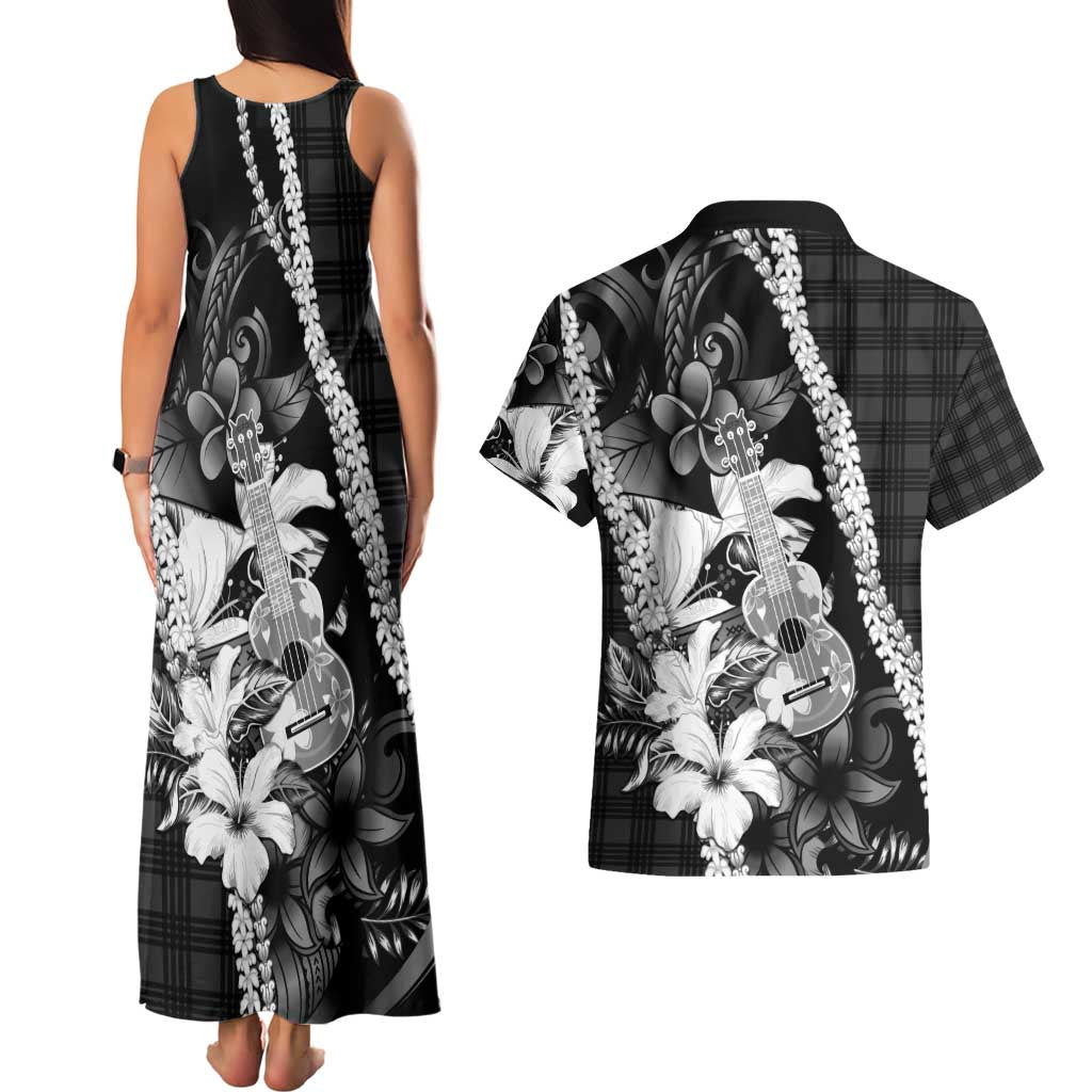 Hawaii Ukulele Couples Matching Tank Maxi Dress and Hawaiian Shirt Tropical Flowers With Palaka Effect Black Version - Polynesian Pride