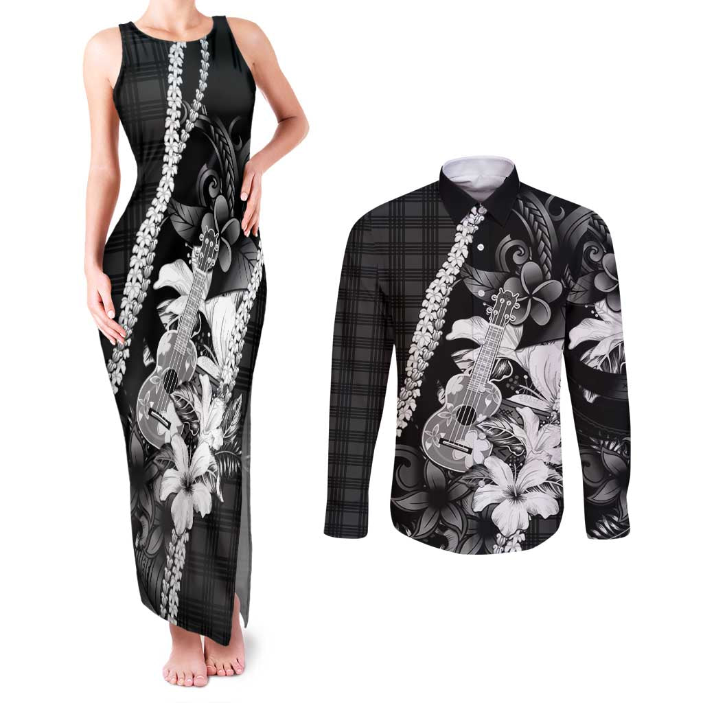 Hawaii Ukulele Couples Matching Tank Maxi Dress and Long Sleeve Button Shirt Tropical Flowers With Palaka Effect Black Version - Polynesian Pride