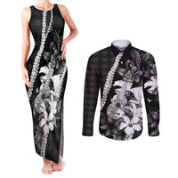 Hawaii Ukulele Couples Matching Tank Maxi Dress and Long Sleeve Button Shirt Tropical Flowers With Palaka Effect Black Version LT05 Black - Polynesian Pride