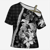 Hawaii Ukulele Cross Shoulder Shirt Tropical Flowers With Palaka Effect Black Version LT05 Female Black - Polynesian Pride