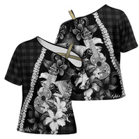Hawaii Ukulele Cross Shoulder Shirt Tropical Flowers With Palaka Effect Black Version LT05 - Polynesian Pride