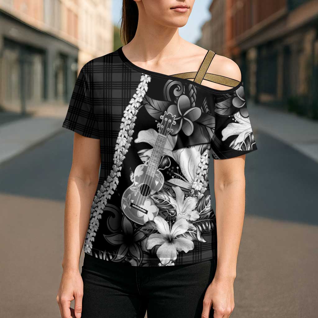 Hawaii Ukulele Cross Shoulder Shirt Tropical Flowers With Palaka Effect Black Version LT05 - Polynesian Pride