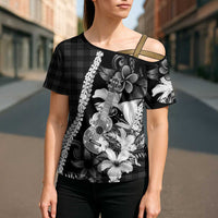 Hawaii Ukulele Cross Shoulder Shirt Tropical Flowers With Palaka Effect Black Version LT05 - Polynesian Pride