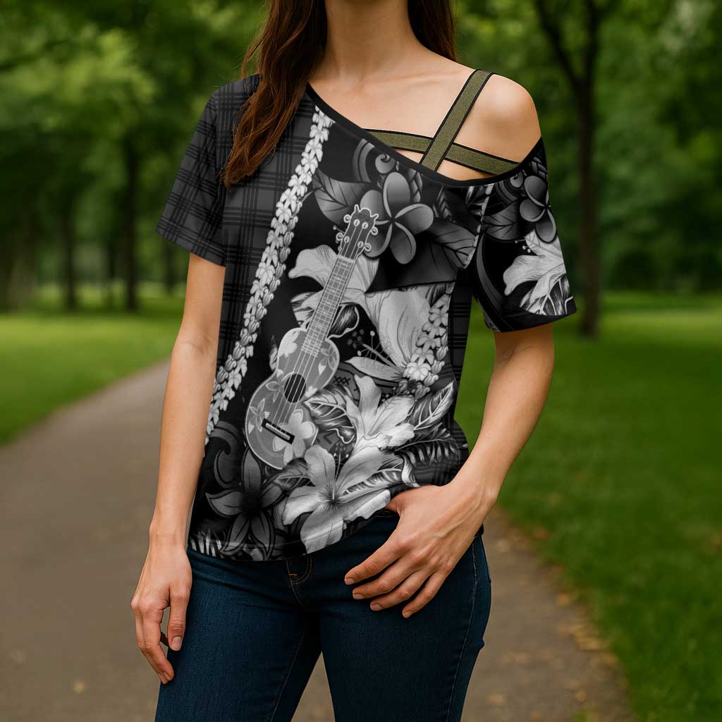 Hawaii Ukulele Cross Shoulder Shirt Tropical Flowers With Palaka Effect Black Version LT05 - Polynesian Pride