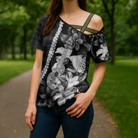 Hawaii Ukulele Cross Shoulder Shirt Tropical Flowers With Palaka Effect Black Version LT05 - Polynesian Pride