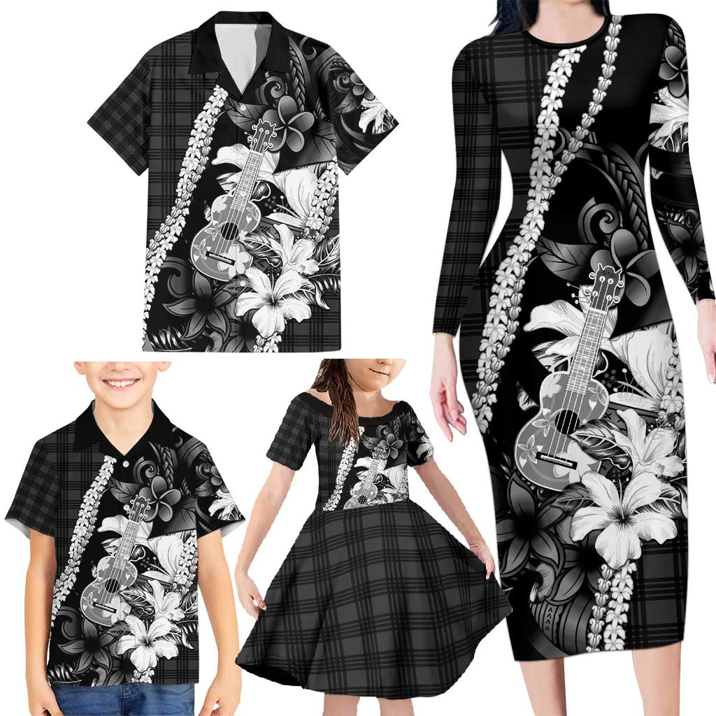 Hawaii Ukulele Family Matching Long Sleeve Bodycon Dress and Hawaiian Shirt Tropical Flowers With Palaka Effect Black Version - Polynesian Pride