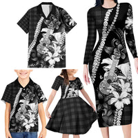 Hawaii Ukulele Family Matching Long Sleeve Bodycon Dress and Hawaiian Shirt Tropical Flowers With Palaka Effect Black Version - Polynesian Pride