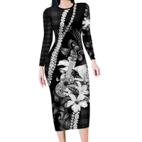 Hawaii Ukulele Family Matching Long Sleeve Bodycon Dress and Hawaiian Shirt Tropical Flowers With Palaka Effect Black Version - Polynesian Pride